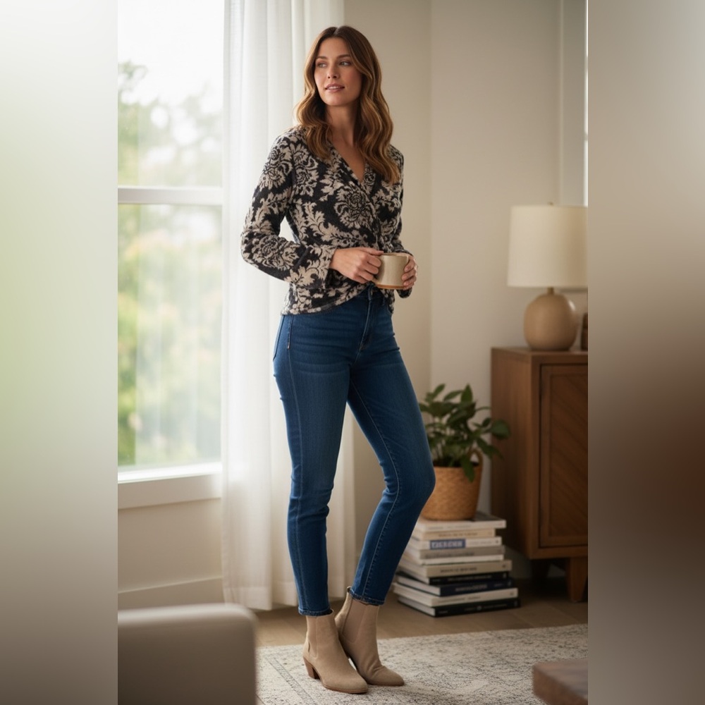 Johnny Heaven for Anthropologie Gray Floral Mesh Twist Top Medium